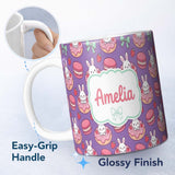Personalized Custom Name Cute Kawaii Bunny Donuts Strawberry Dessert Seamless Pattern Purple 11oz Ceramic Coffee Tea Mug White Large Handle