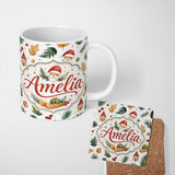 Personalized Custom Name Watercolor Christmas Leaves Santa Hat House Ornament Seamless Lovely 11oz Ceramic Coffee Tea Mug White Large Handle