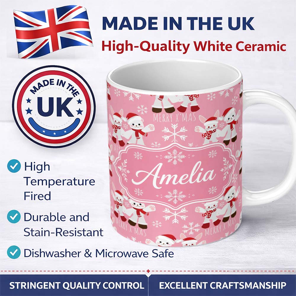 Personalized Custom Name Cute Bunny Bear Merry Christmas Snowflake Seamless Pattern Lovely 11oz Ceramic Coffee Tea Mug White Large Handle