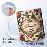 Personalized Custom Name Classic Christmas Trees Candy Canes Gifts and Holly Berry Elements 11oz Ceramic Coffee Tea Mug White Large Handle