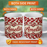 Personalized Custom Name Red White Pixel Geometric Abstract Seamless Pattern Cute Unique Gift 11oz Ceramic Coffee Tea Mug White Large Handle