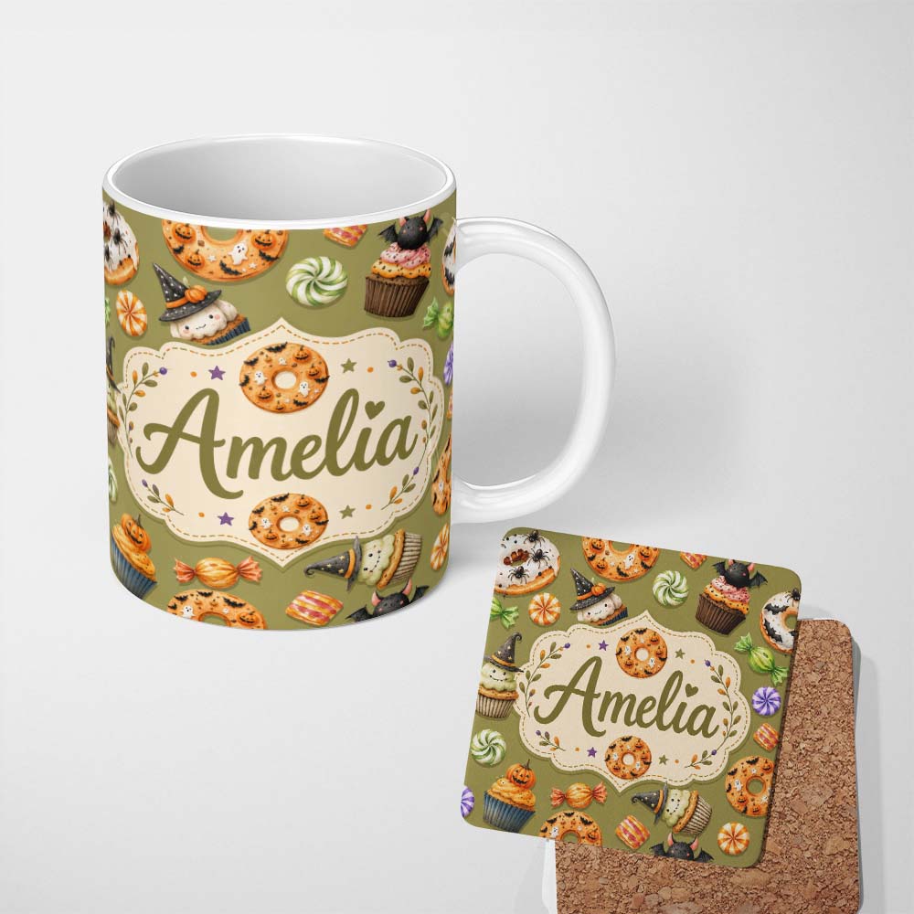 Personalized Custom Name Cute Halloween Spooky Donuts Cupcakes Treats Olive Background 11oz Ceramic Coffee Tea Mug White Large Handle