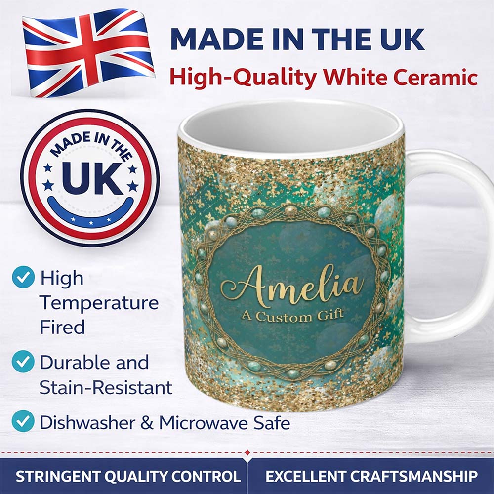 Personalized Custom Name Teal Gold Fleur Moon Glitter Elegant Seamless Pattern Lovely 11oz Ceramic Coffee Tea Mug White Large Handle