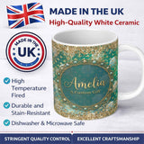 Personalized Custom Name Teal Gold Fleur Moon Glitter Elegant Seamless Pattern Lovely 11oz Ceramic Coffee Tea Mug White Large Handle