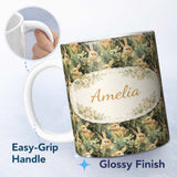 Personalized Custom Name Realistic Brown Rabbit Meadow Seamless Pattern Beautiful Coffee Cup 11oz Ceramic Coffee Tea Mug White Large Handle