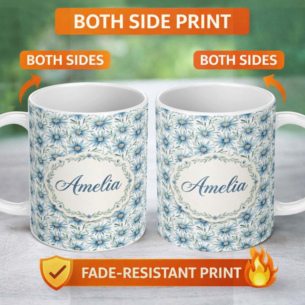 Personalized Custom Name Cool Blue Daisy Style Floral Seamless Pattern Charming Kitchen Decor 11oz Ceramic Coffee Tea Mug White Large Handle