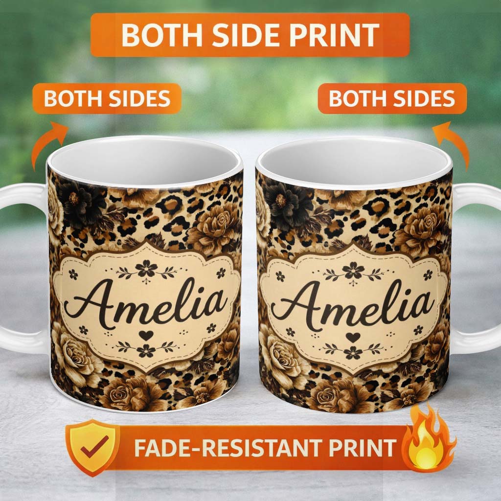 Personalized Custom Name Vintage Floral and Leopard Print in Neutral Beige and Black Tones 11oz Ceramic Coffee Tea Mug White Large Handle