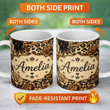 Personalized Custom Name Vintage Floral and Leopard Print in Neutral Beige and Black Tones 11oz Ceramic Coffee Tea Mug White Large Handle