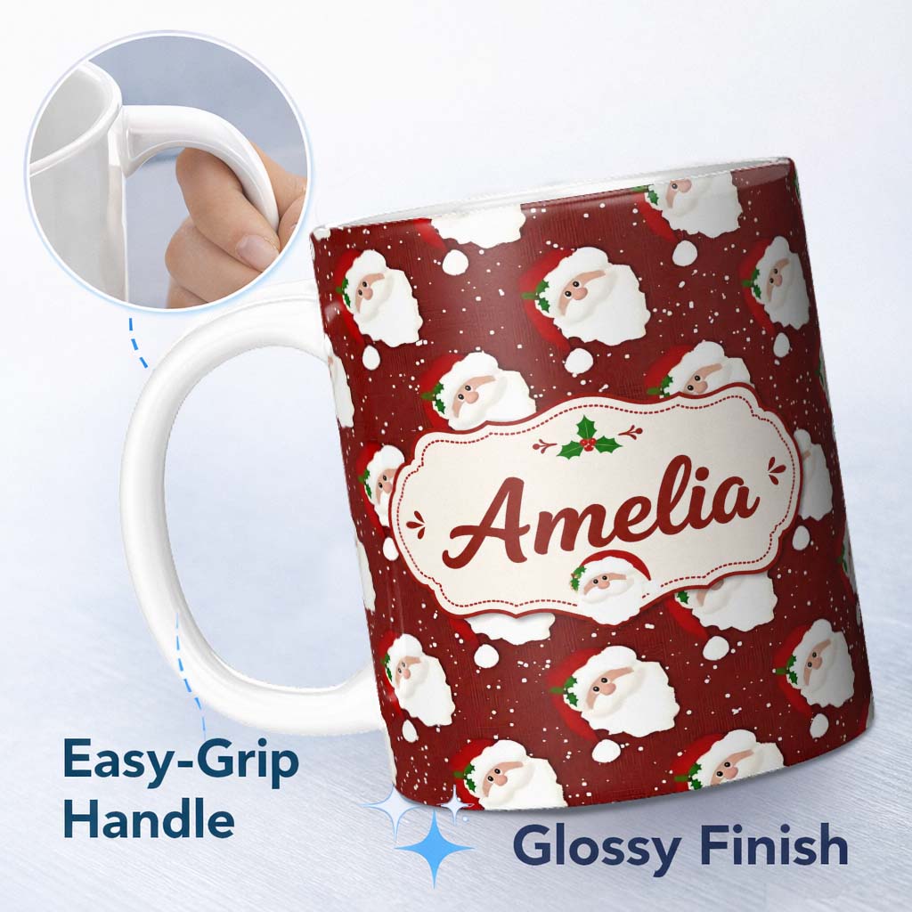 Personalized Custom Name Cute Santa Face Red Snow Background Christmas Seamless Pattern 11oz Ceramic Coffee Tea Mug White Large Handle