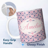 Personalized Custom Name Floral Geometric in Pink and Navy Symmetrical Design Lovely 11oz Ceramic Coffee Tea Mug White Large Handle