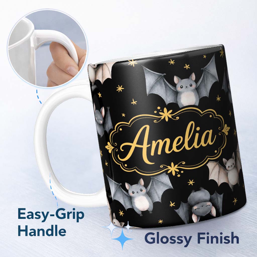 Personalized Custom Name Cute Watercolor Bats and Stars Seamless Halloween Pattern Black 11oz Ceramic Coffee Tea Mug White Large Handle