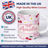 Personalized Custom Name Cute Cherry Bow and Daisy Seamless Pattern on Lavender Lovely 11oz Ceramic Coffee Tea Mug White Large Handle