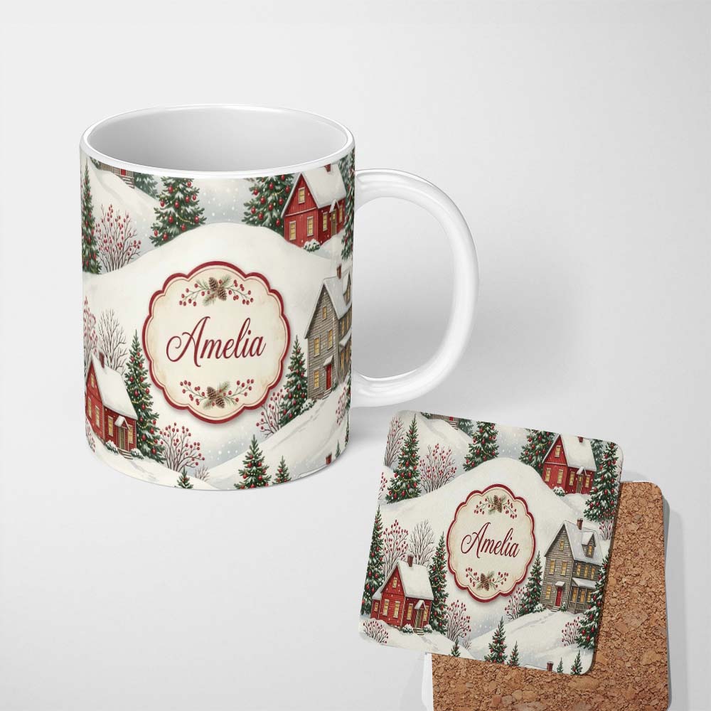 Personalized Custom Name Snowy Christmas Village Houses Winter Scene Seamless Pattern Lovely 11oz Ceramic Coffee Tea Mug White Large Handle