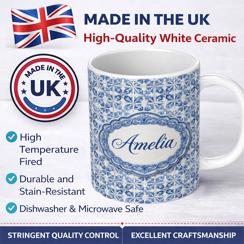 Personalized Custom Name Classic Blue White Portuguese Tile Floral Seamless Pattern Lovely 11oz Ceramic Coffee Tea Mug White Large Handle