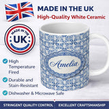 Personalized Custom Name Classic Blue White Portuguese Tile Floral Seamless Pattern Lovely 11oz Ceramic Coffee Tea Mug White Large Handle