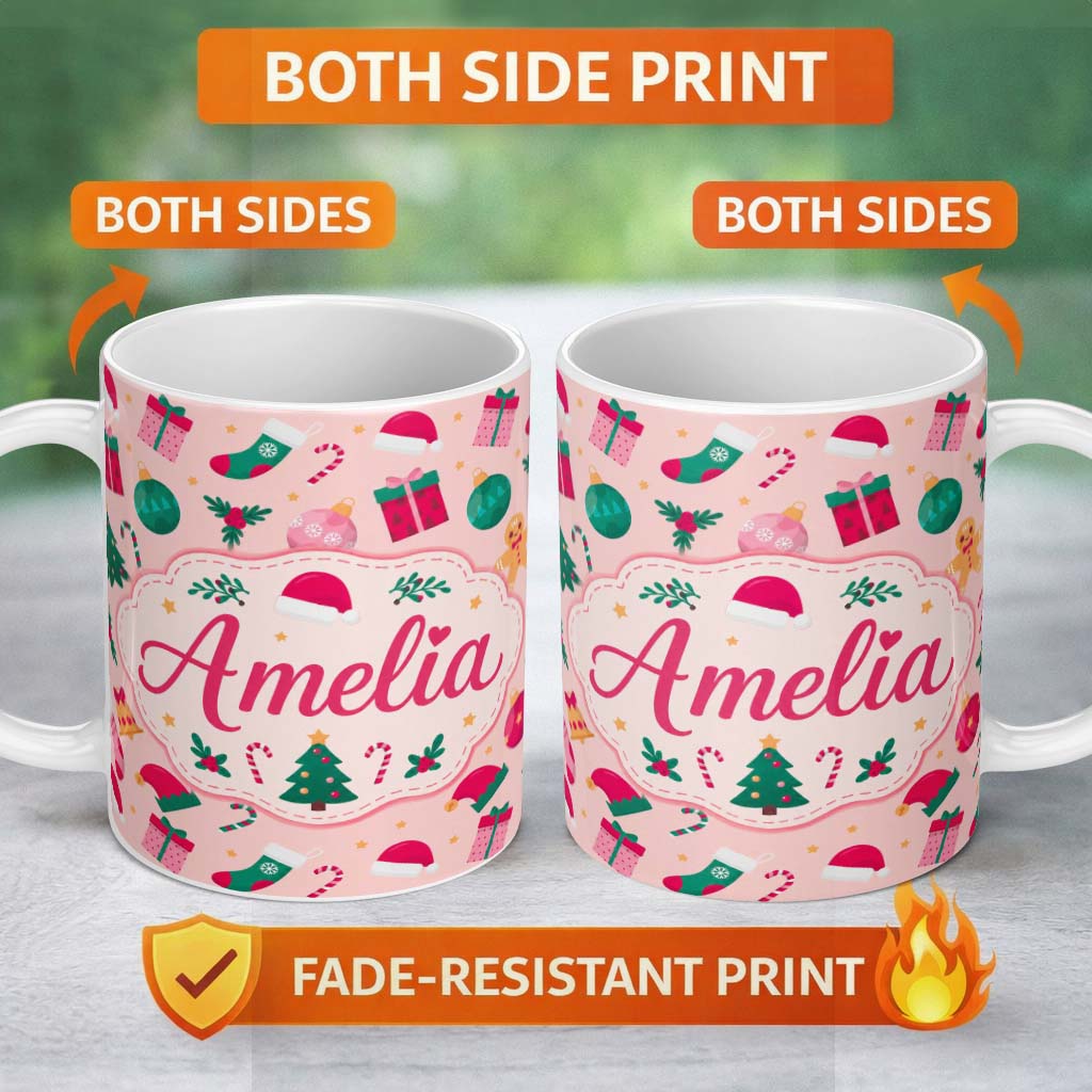 Personalized Custom Name Cute Gingerbread Candy Cane Bauble Tree Seamless Pattern Lovely 11oz Ceramic Coffee Tea Mug White Large Handle
