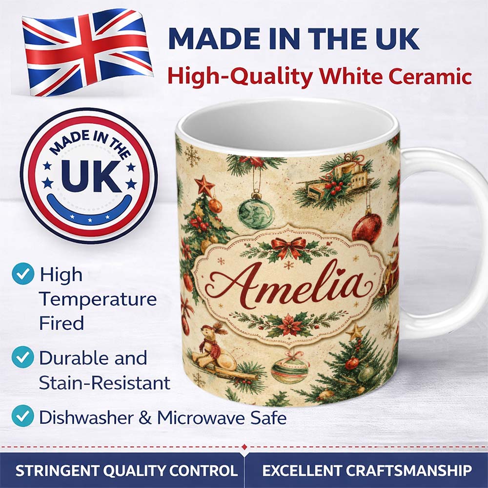 Personalized Custom Name Vintage Christmas Tree Wreath Baubles Rustic Holiday Seamless Lovely 11oz Ceramic Coffee Tea Mug White Large Handle