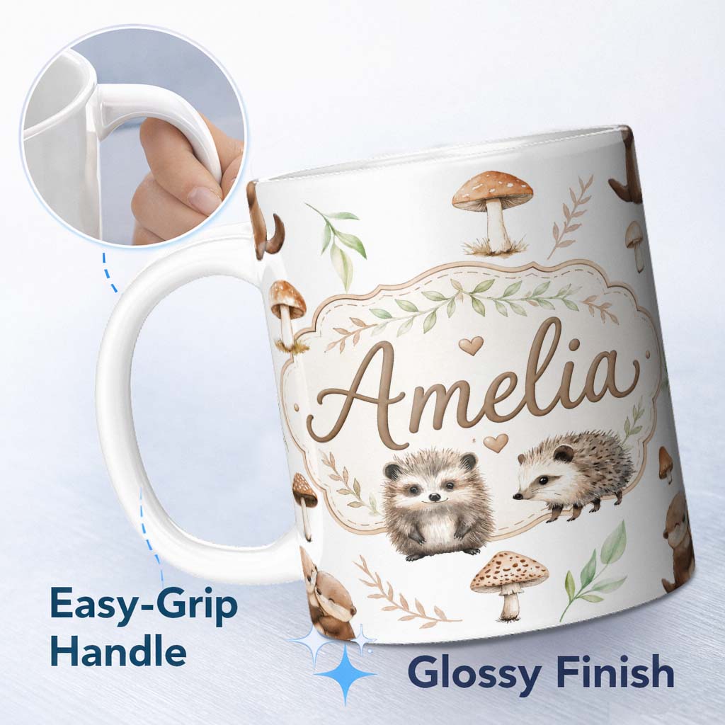 Personalized Custom Name Cute Woodland Hedgehog Mushrooms Leaves Seamless Pattern Soft Grey 11oz Ceramic Coffee Tea Mug White Large Handle