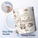 Personalized Custom Name Cute Woodland Hedgehog Mushrooms Leaves Seamless Pattern Soft Grey 11oz Ceramic Coffee Tea Mug White Large Handle
