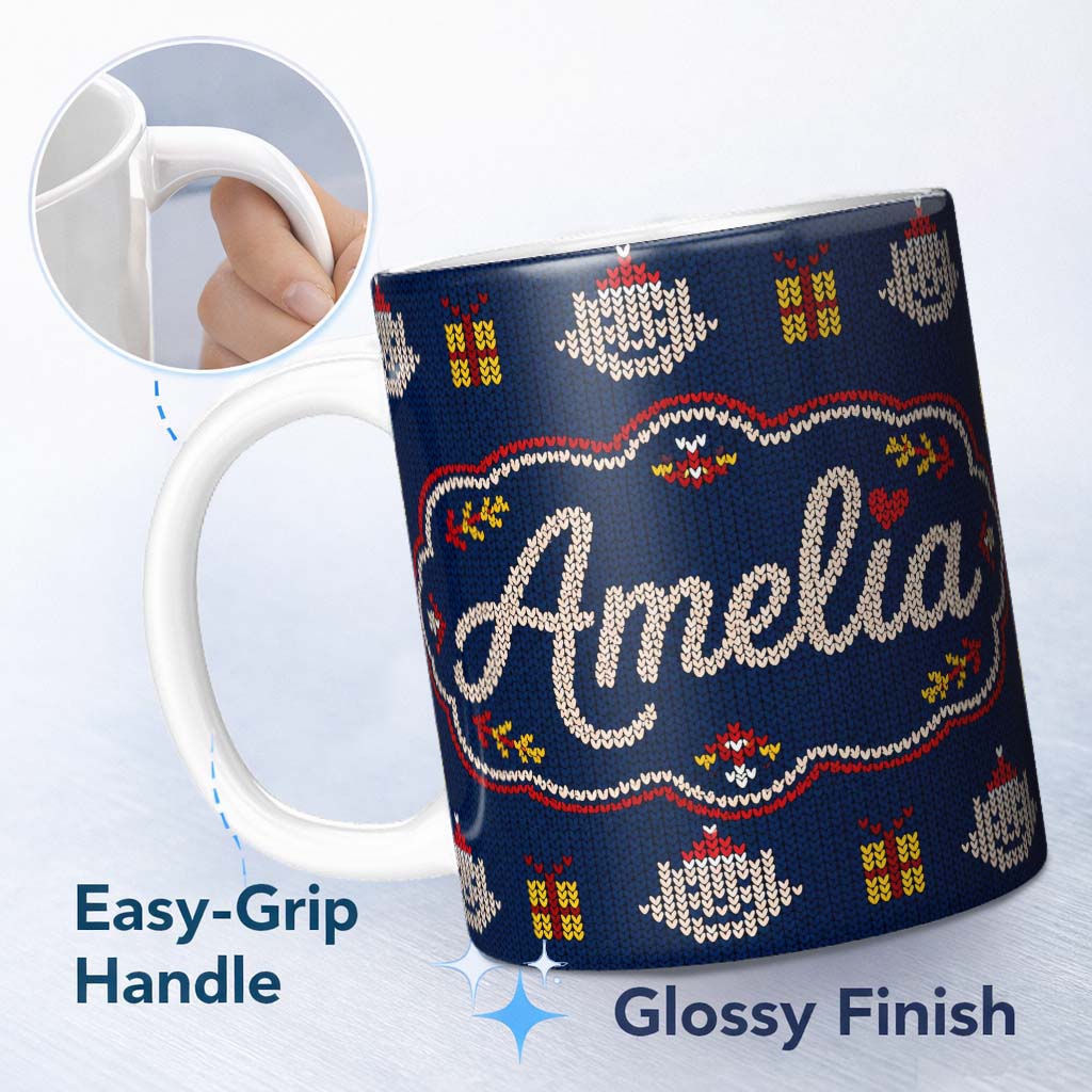 Personalized Custom Name Cute Blue Nordic Christmas Bauble Gift Knitted Seamless Pattern 11oz Ceramic Coffee Tea Mug White Large Handle
