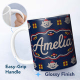 Personalized Custom Name Cute Blue Nordic Christmas Bauble Gift Knitted Seamless Pattern 11oz Ceramic Coffee Tea Mug White Large Handle