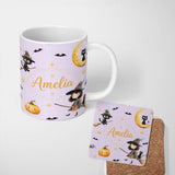 Personalized Custom Name Witch Girl and Black Cat with Moon and Stars Lavender Background 11oz Ceramic Coffee Tea Mug White Large Handle