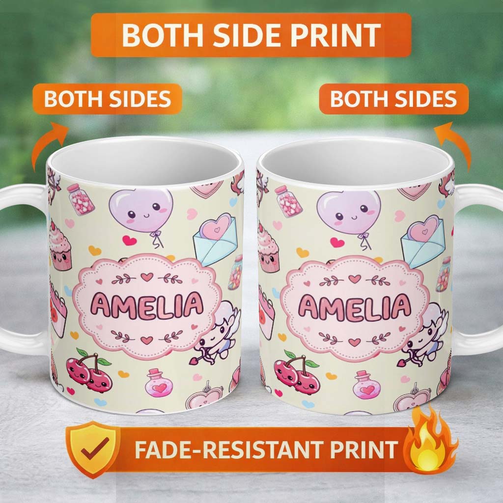 Personalized Custom Name Cute Cupid Angels Hearts Sweets Balloon Love Elements Pattern Beige 11oz Ceramic Coffee Tea Mug White Large Handle