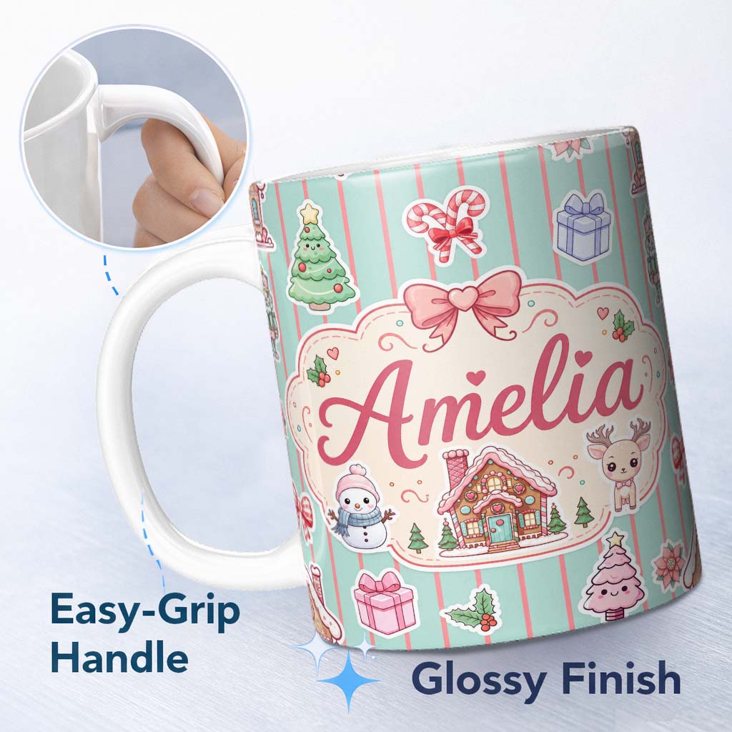 Personalized Custom Name Cute Christmas Festive Stickers Gingerbread House Tree Teal Stripe 11oz Ceramic Coffee Tea Mug White Large Handle