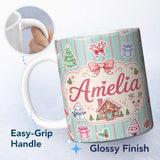 Personalized Custom Name Cute Christmas Festive Stickers Gingerbread House Tree Teal Stripe 11oz Ceramic Coffee Tea Mug White Large Handle