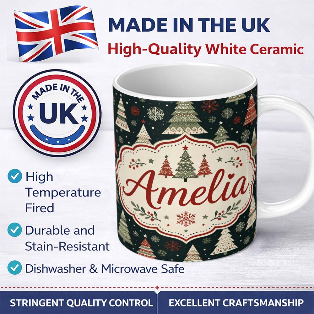 Personalized Custom Name Cute Festive Christmas Trees Snowflake Night Seamless Pattern Lovely 11oz Ceramic Coffee Tea Mug White Large Handle