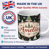 Personalized Custom Name Cute Festive Christmas Trees Snowflake Night Seamless Pattern Lovely 11oz Ceramic Coffee Tea Mug White Large Handle