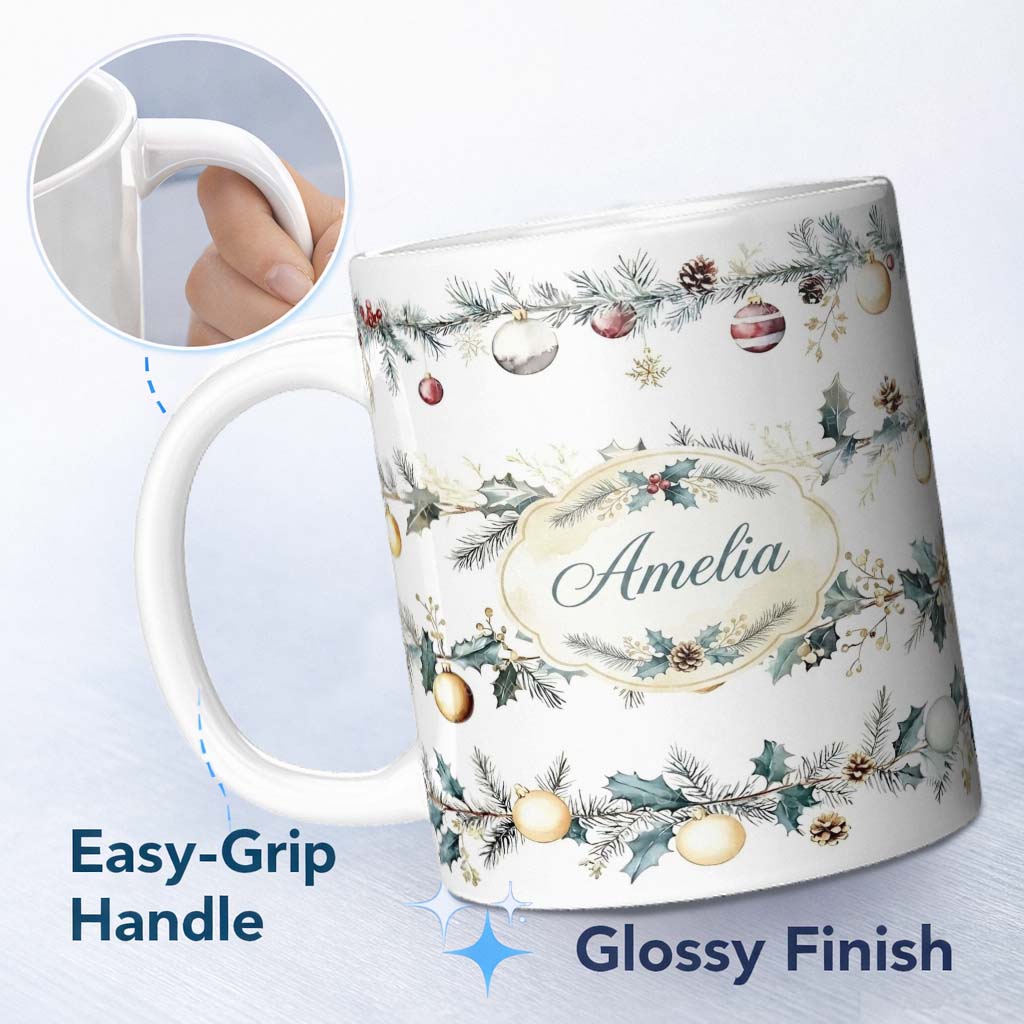 Personalized Custom Name Elegant Christmas Garland Baubles Pine Branch Seamless Pattern 11oz Ceramic Coffee Tea Mug White Large Handle