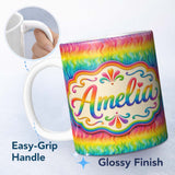 Personalized Custom Name Layered Rainbow Feather Brush Texture Seamless Pattern Lovely 11oz Ceramic Coffee Tea Mug White Large Handle