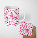 Personalized Custom Name Cute Pink Christmas Gifts Stars Hand Drawn Seamless Pattern Lovely 11oz Ceramic Coffee Tea Mug White Large Handle