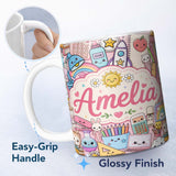 Personalized Custom Name Cute Kawaii School Supplies Science Art Cute Pattern Pink Background 11oz Ceramic Coffee Tea Mug White Large Handle