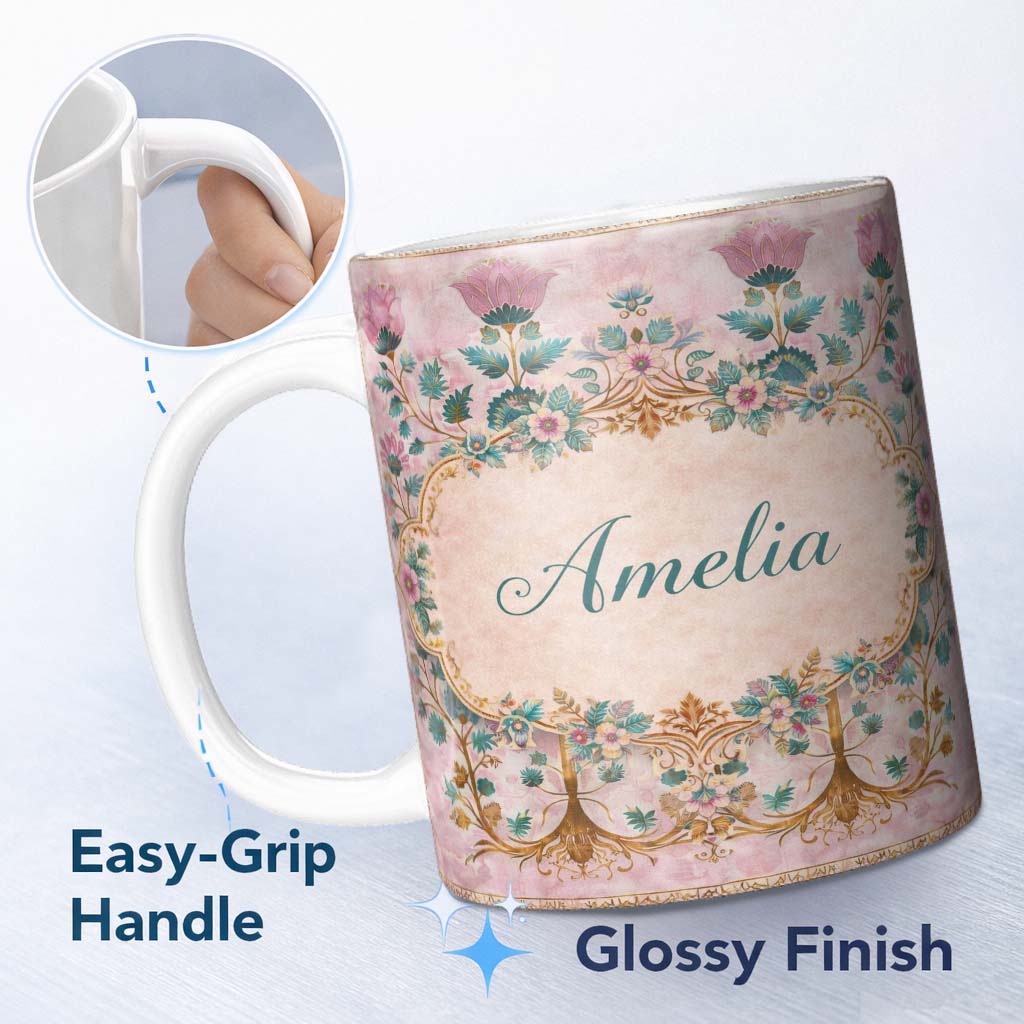 Personalized Custom Name Soft Pink Teal Tree of Life Floral Pattern Elegant Botanical Lovely 11oz Ceramic Coffee Tea Mug White Large Handle