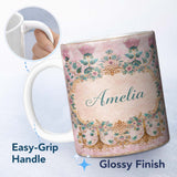 Personalized Custom Name Soft Pink Teal Tree of Life Floral Pattern Elegant Botanical Lovely 11oz Ceramic Coffee Tea Mug White Large Handle