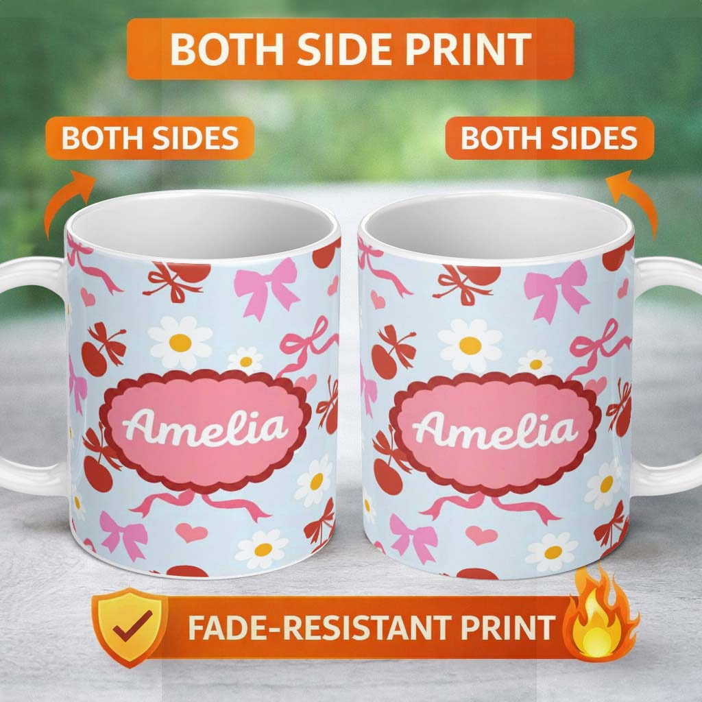 Personalized Custom Name Cute Cherry and Bow Motif with Daisy Flowers Pattern Playful Girly 11oz Ceramic Coffee Tea Mug White Large Handle