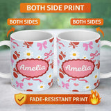 Personalized Custom Name Cute Cherry and Bow Motif with Daisy Flowers Pattern Playful Girly 11oz Ceramic Coffee Tea Mug White Large Handle
