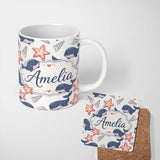 Personalized Custom Name Cute Cartoon Whales Starfish and Seashells Seamless Pattern Lovely 11oz Ceramic Coffee Tea Mug White Large Handle