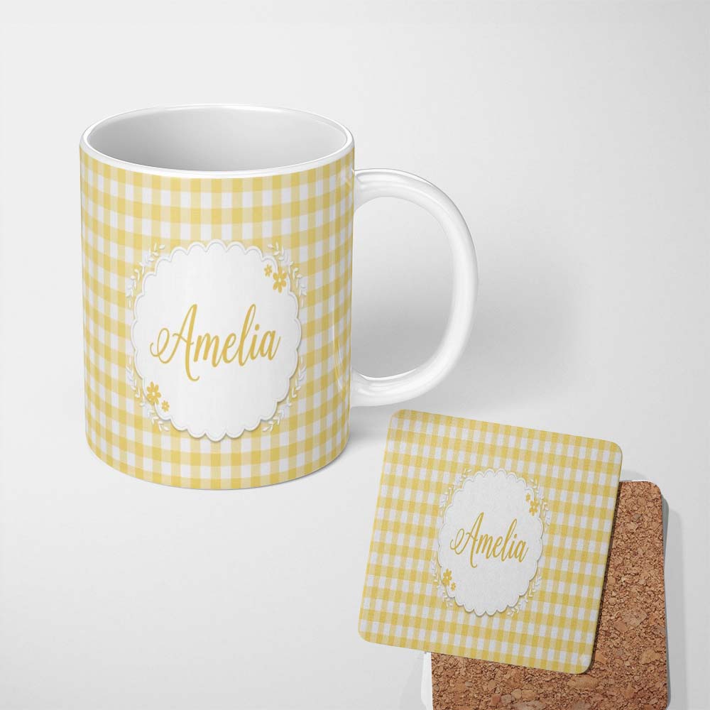 Personalized Custom Name Warm Yellow And White Gingham Check Seamless Pattern Classic Lovely 11oz Ceramic Coffee Tea Mug White Large Handle