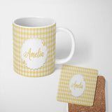 Personalized Custom Name Warm Yellow And White Gingham Check Seamless Pattern Classic Lovely 11oz Ceramic Coffee Tea Mug White Large Handle