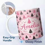 Personalized Custom Name Pink Black Christmas Tree Snowflake Seamless Pattern Lovely 11oz Ceramic Coffee Tea Mug White Large Handle