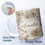 Personalized Custom Name Vintage Sepia Floral Bouquet Seamless Pattern with Roses Peonies and 11oz Ceramic Coffee Tea Mug White Large Handle