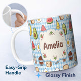 Personalized Custom Name Cute Kawaii Food Collage Pattern Sweet Treats And Drinks Lovely 11oz Ceramic Coffee Tea Mug White Large Handle