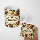 Personalized Custom Name Vintage Christmas Holly Bell Ornament Botanical Seamless Pattern 11oz Ceramic Coffee Tea Mug White Large Handle