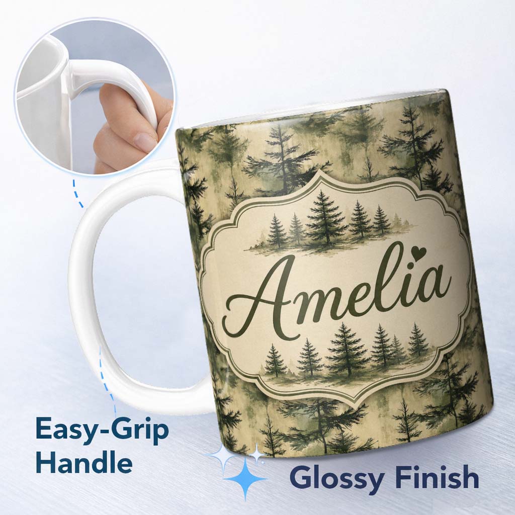 Personalized Custom Name Watercolour Forest Pine Tree with Layered Green Tones and Abstract 11oz Ceramic Coffee Tea Mug White Large Handle