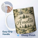 Personalized Custom Name Watercolour Forest Pine Tree with Layered Green Tones and Abstract 11oz Ceramic Coffee Tea Mug White Large Handle