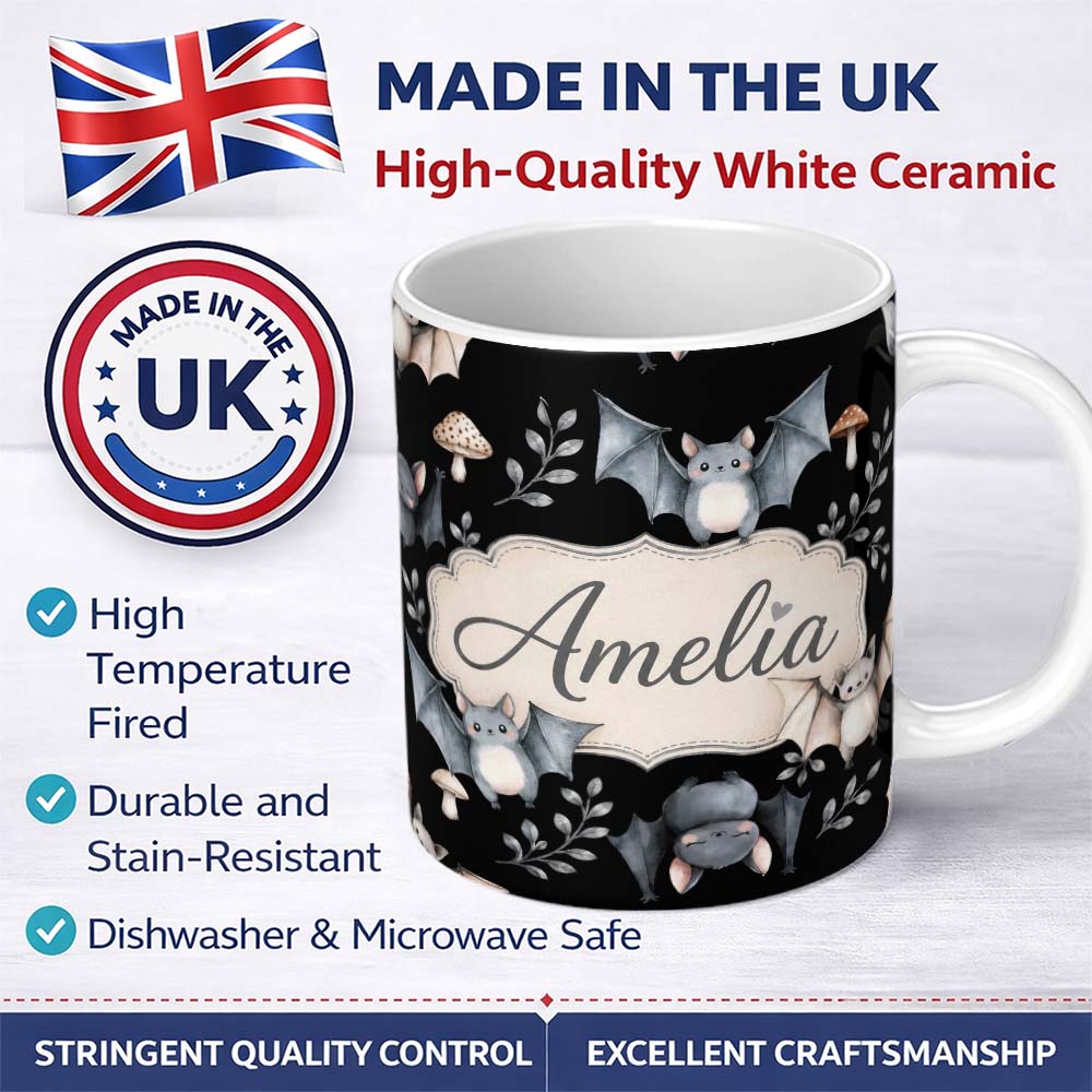 Personalized Custom Name Cute Halloween Bats Flying Stars Night Sky Seamless Pattern Name 11oz Ceramic Coffee Tea Mug White Large Handle
