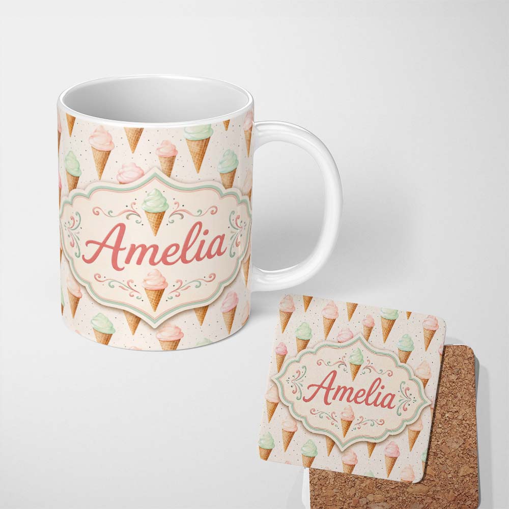 Personalized Custom Name Minimal Pastel Ice Cream Cones on Light Grey with Dotted Texture 11oz Ceramic Coffee Tea Mug White Large Handle